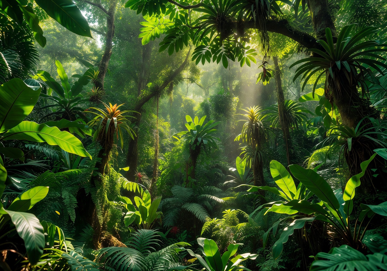 Lush green Caribbean jungle canopy with sunlight beaming through leaves