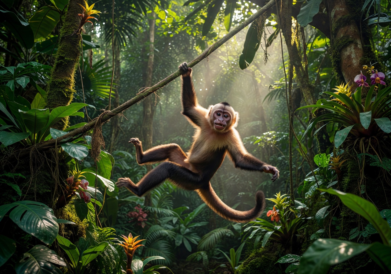 Playful monkey swinging on a jungle vine